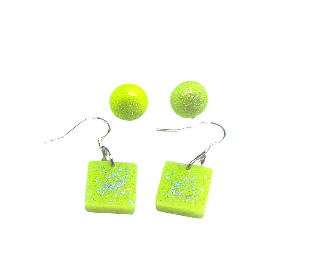Handmade Yellow Glow-in-the-Dark Earrings Set: Studs & Square Dangles
