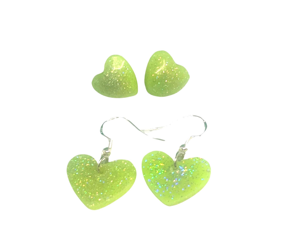 Handmade Yellow Glow-in-the-Dark Heart Earrings Set: Stud & Dangle