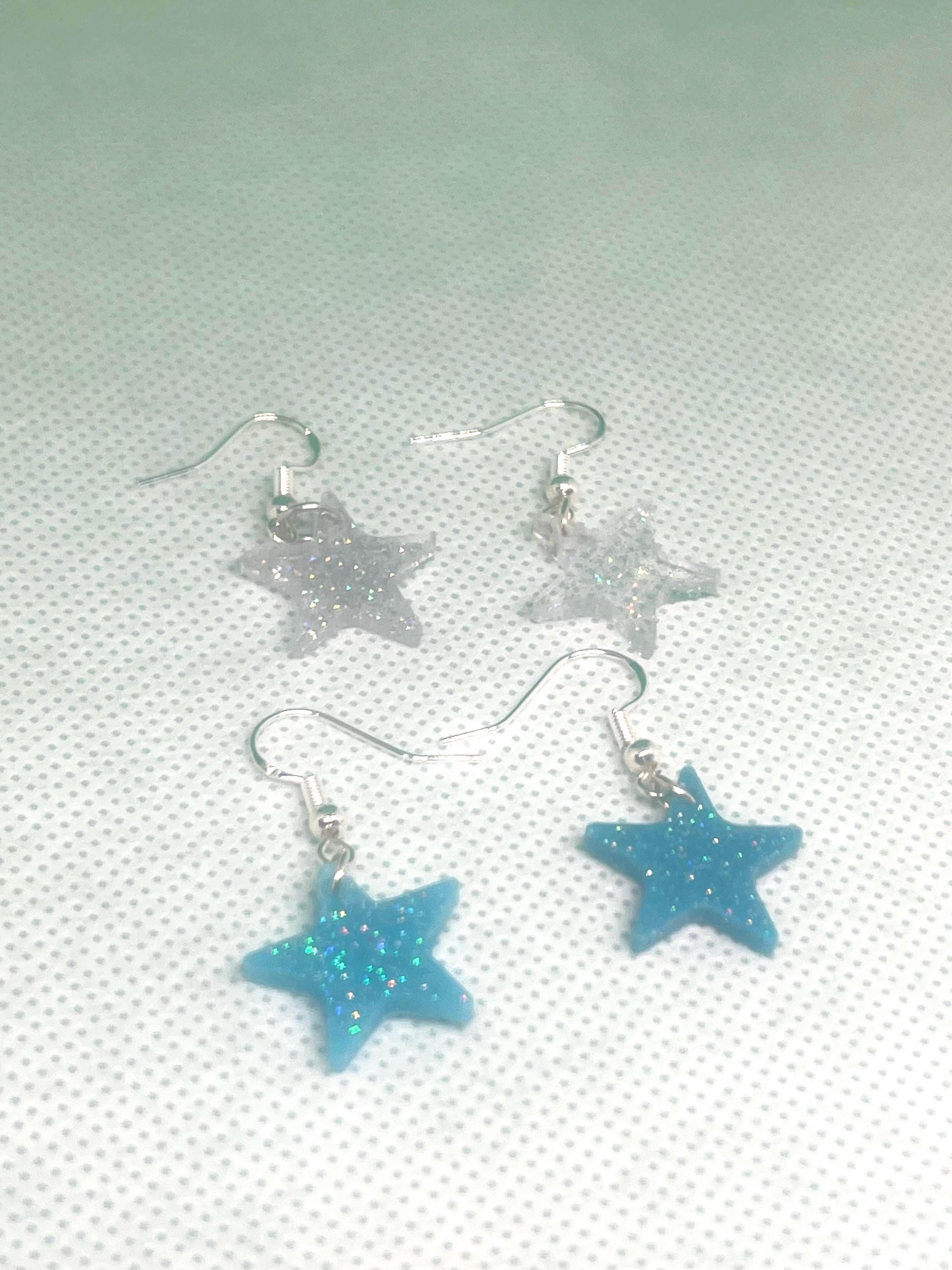 Sparkly Star Dangle Earrings Set: Clear & Turquoise, Handmade