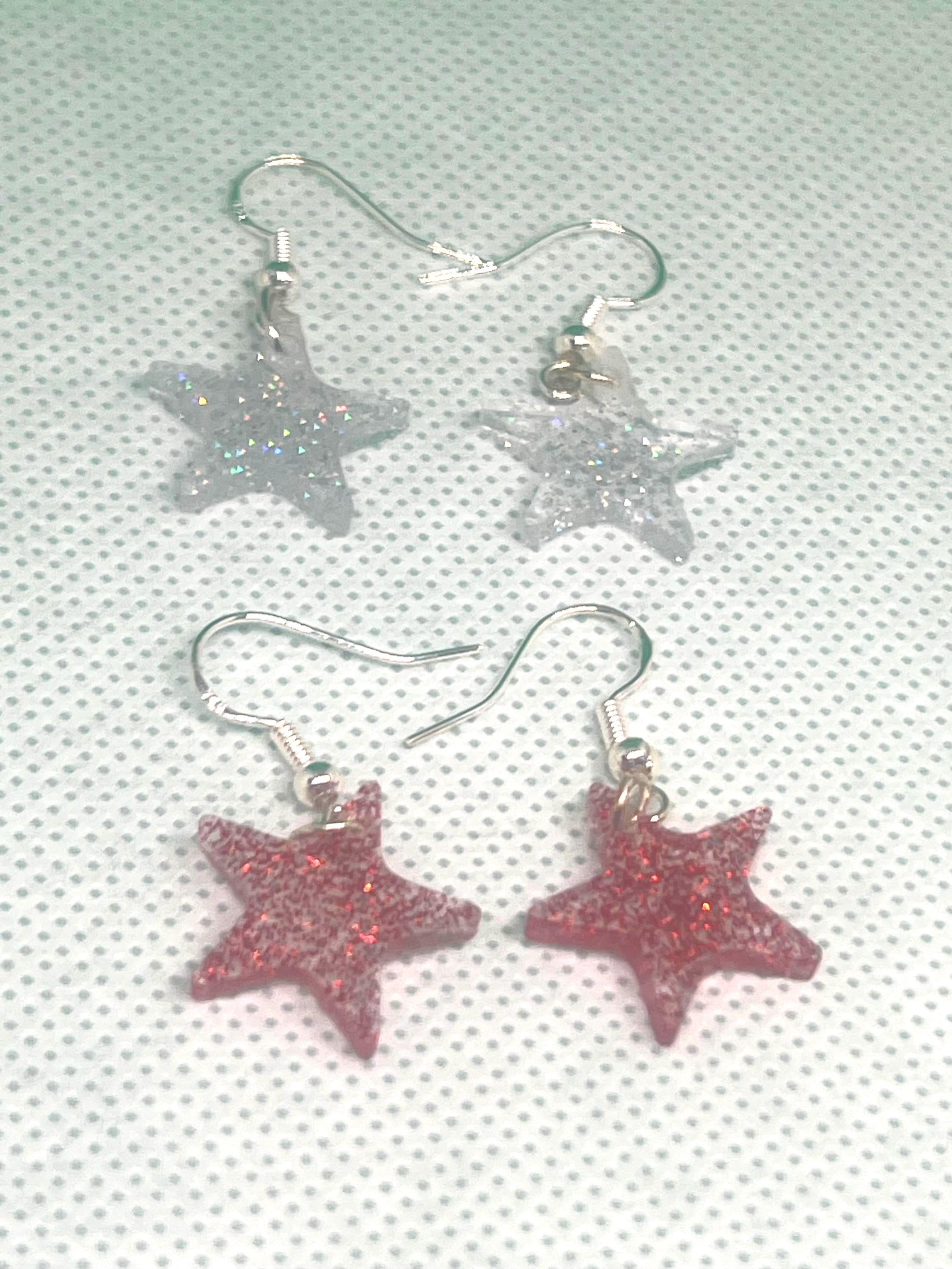 Sparkly Star Dangle Earrings Set, 2 Pairs in Clear and Sparkly Red– Fun Jewelry for Kids, Teens & Adults, Handmade Gift