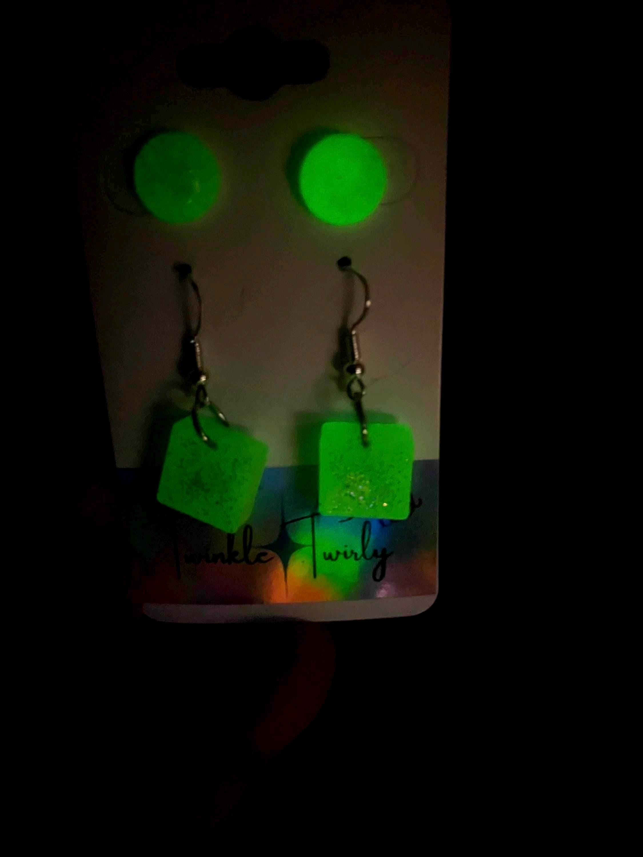 Handmade Yellow Glow-in-the-Dark Earrings Set: Studs & Square Dangles
