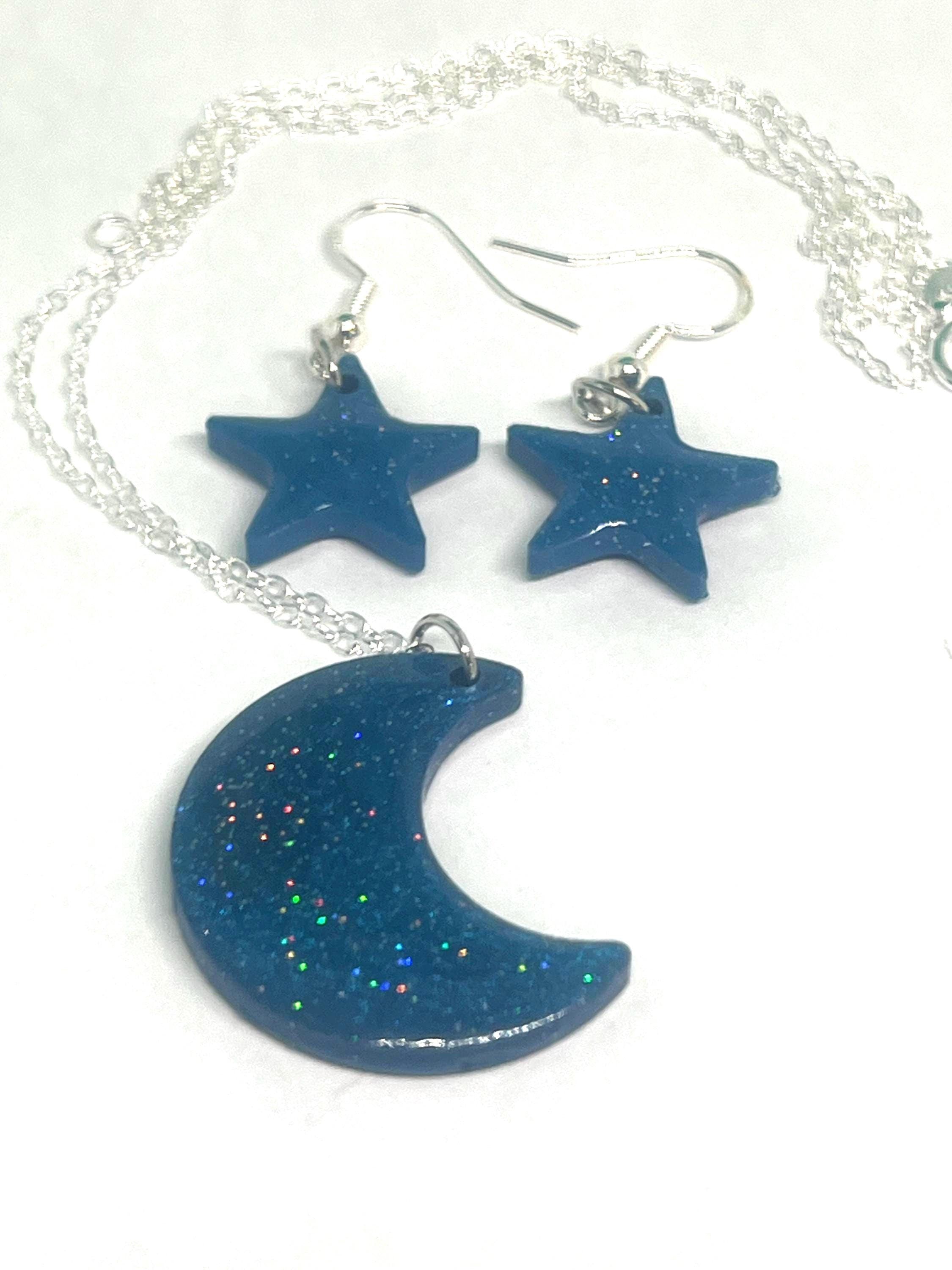 Iridescent Blue Moon Necklace and Star Earrings Set: Handmade Celestial Jewelry