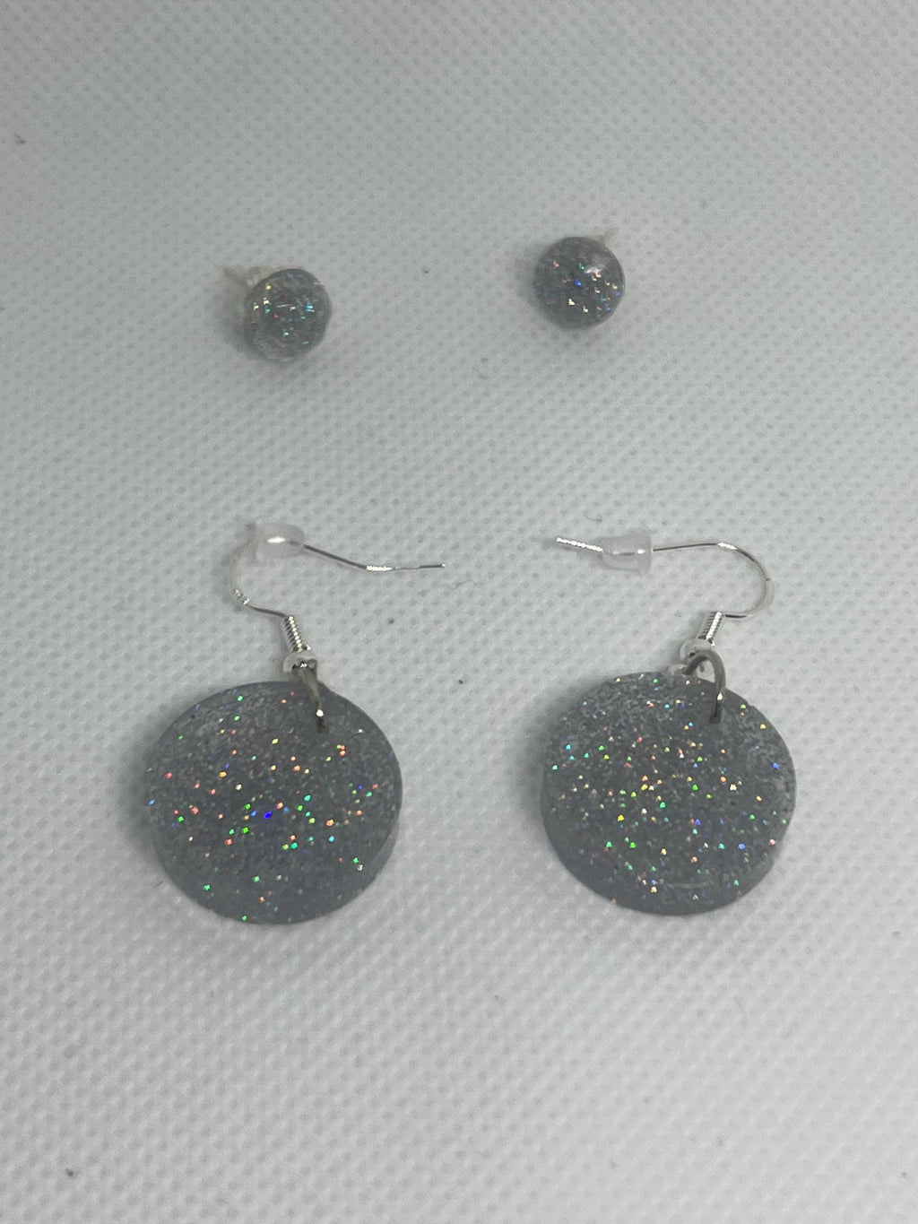 Iridescent Glitter Earrings Set: Round Stud & Dangle, Handmade Sparkle