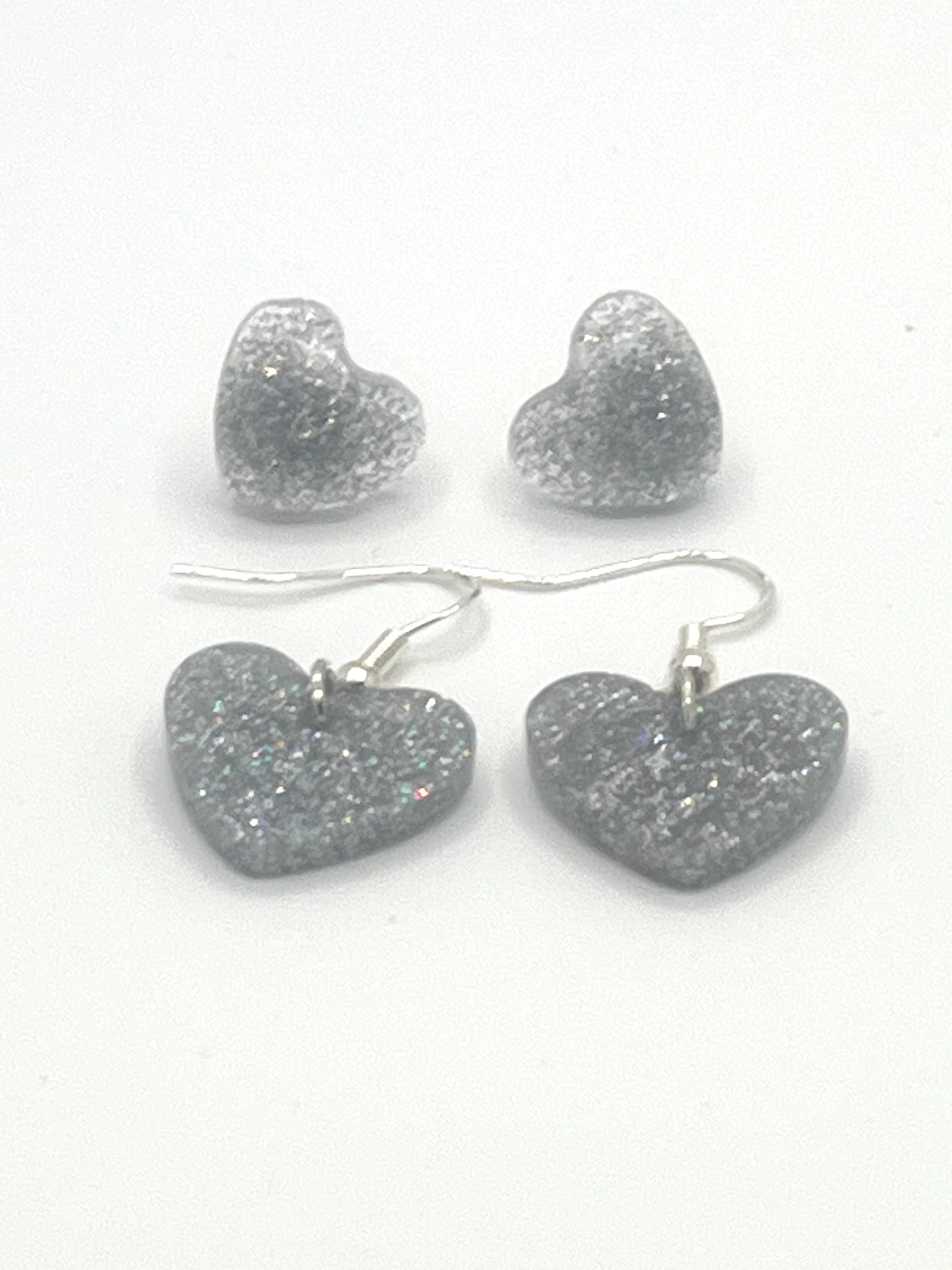 Iridescent Heart Earrings Set: Sparkle Studs & Dangles