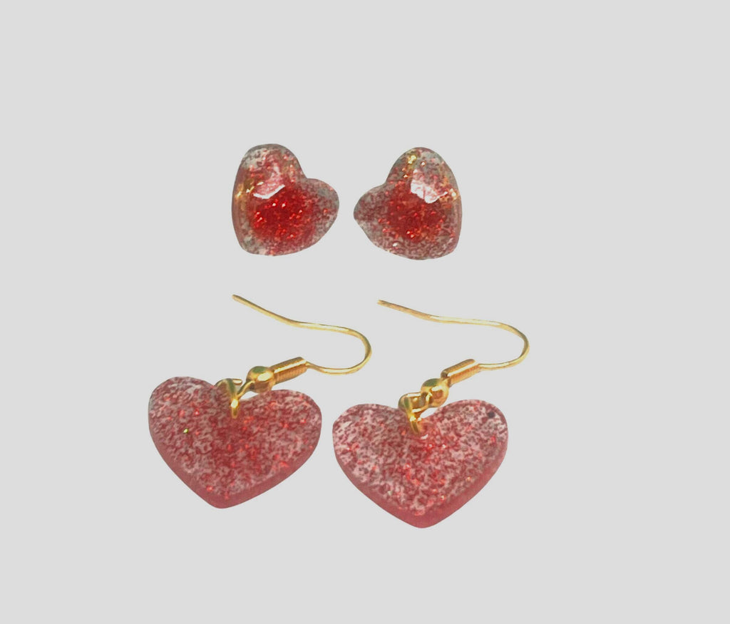 Handmade Red Shimmer Heart Earrings Set: Stud & Dangle, 2 Pairs