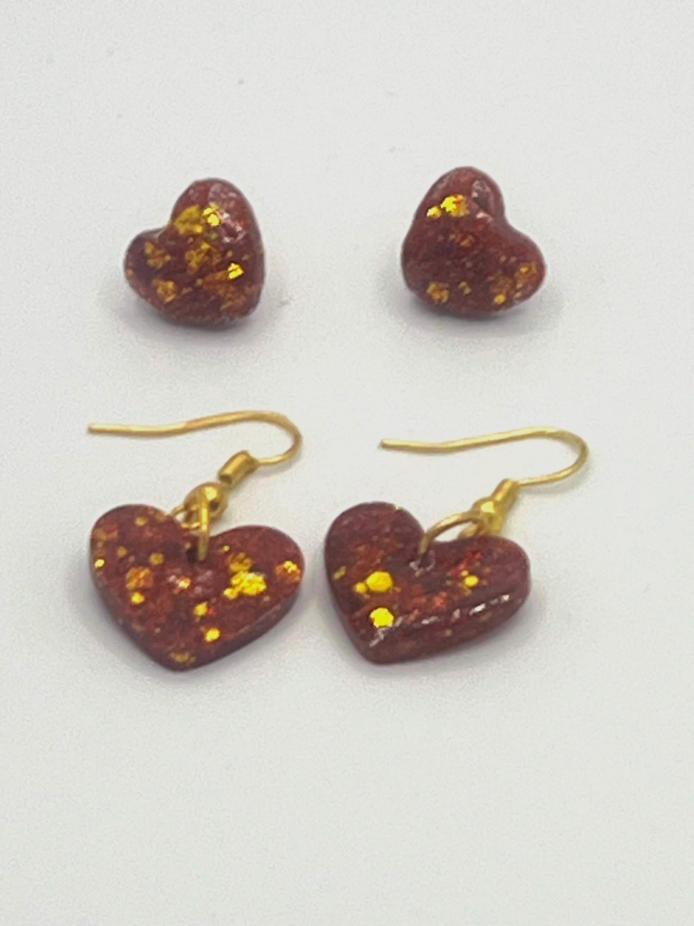 Sparkly Red and Gold Heart Earrings Set: Handmade Stud & Dangle Jewelry