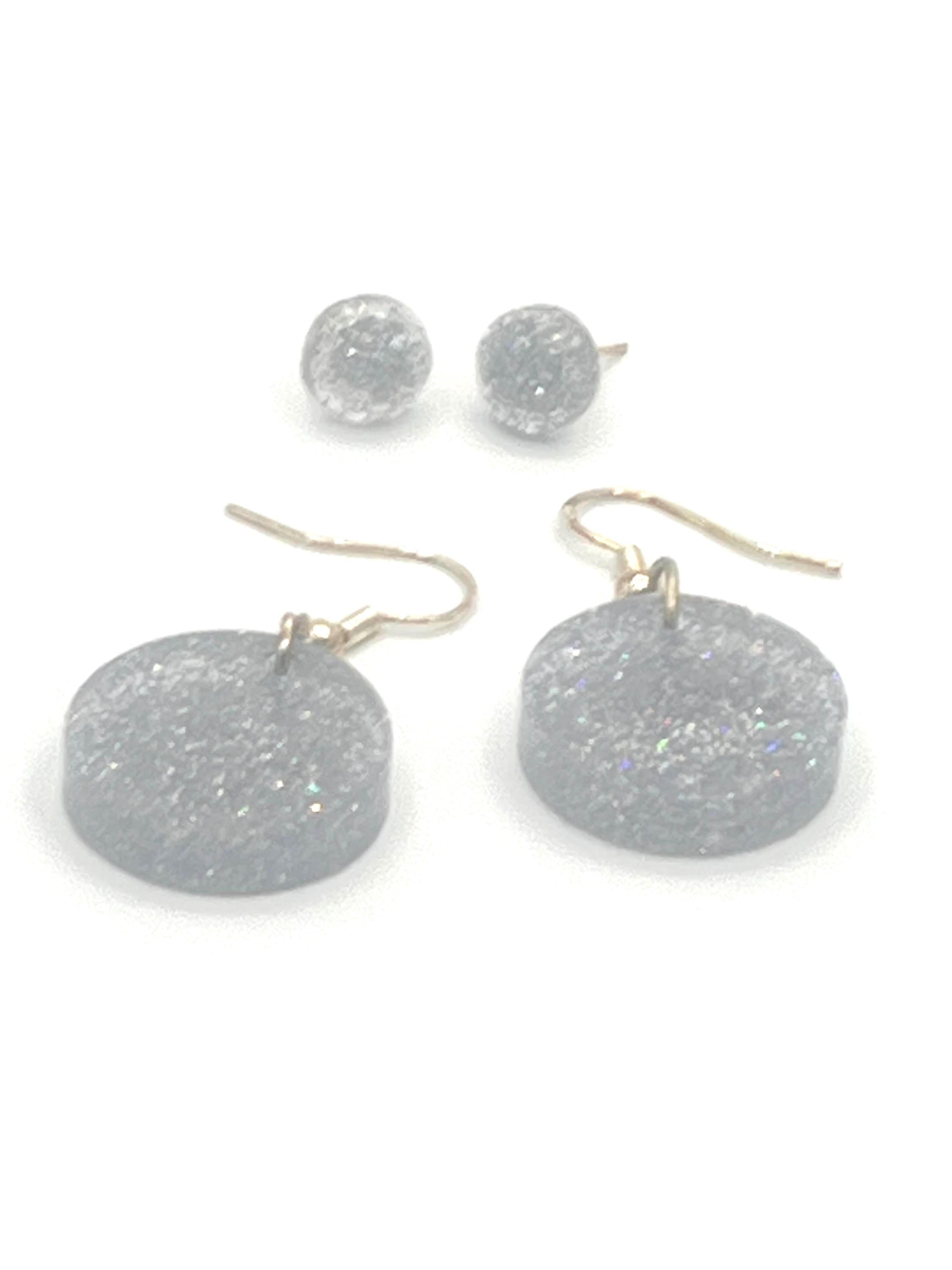 Iridescent Glitter Earrings Set: Round Stud & Dangle, Handmade Sparkle