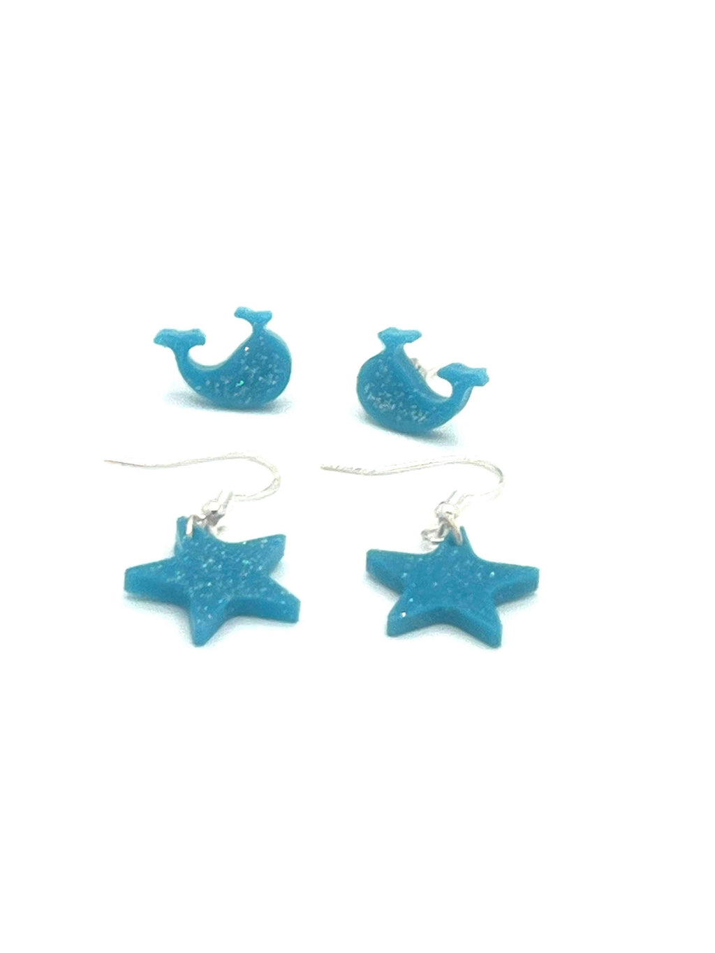Sparkly Turquoise Whale and Star Earrings Set: Handmade Stud & Dangle Pair