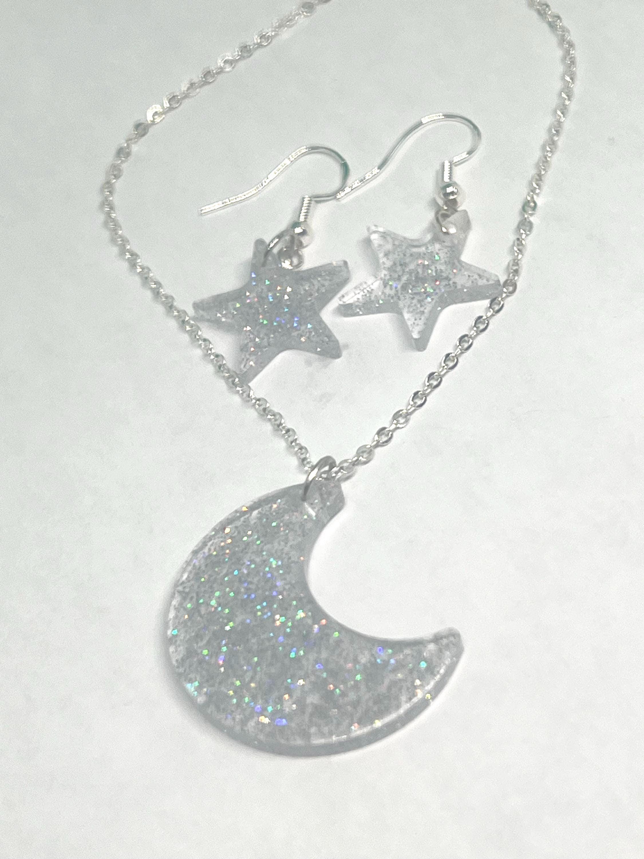 Iridescent Moon Necklace and Star Earrings Set: Handmade Celestial Jewelry