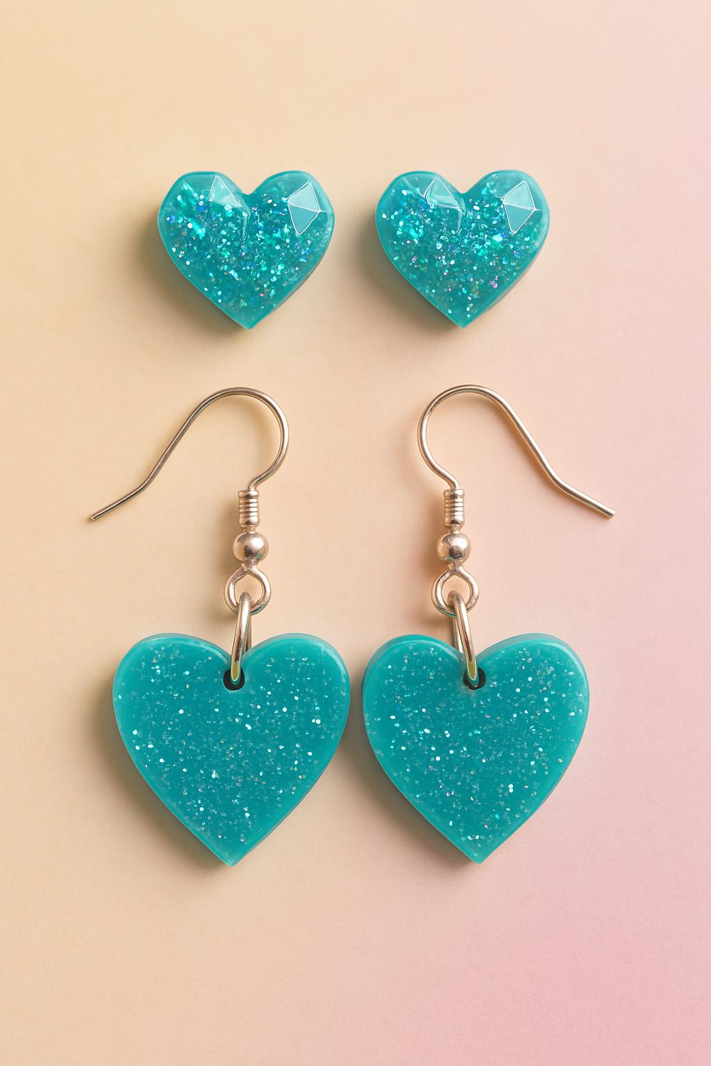 Sparkly Turquoise Heart Earrings Set: Handmade Stud & Dangle Jewelry