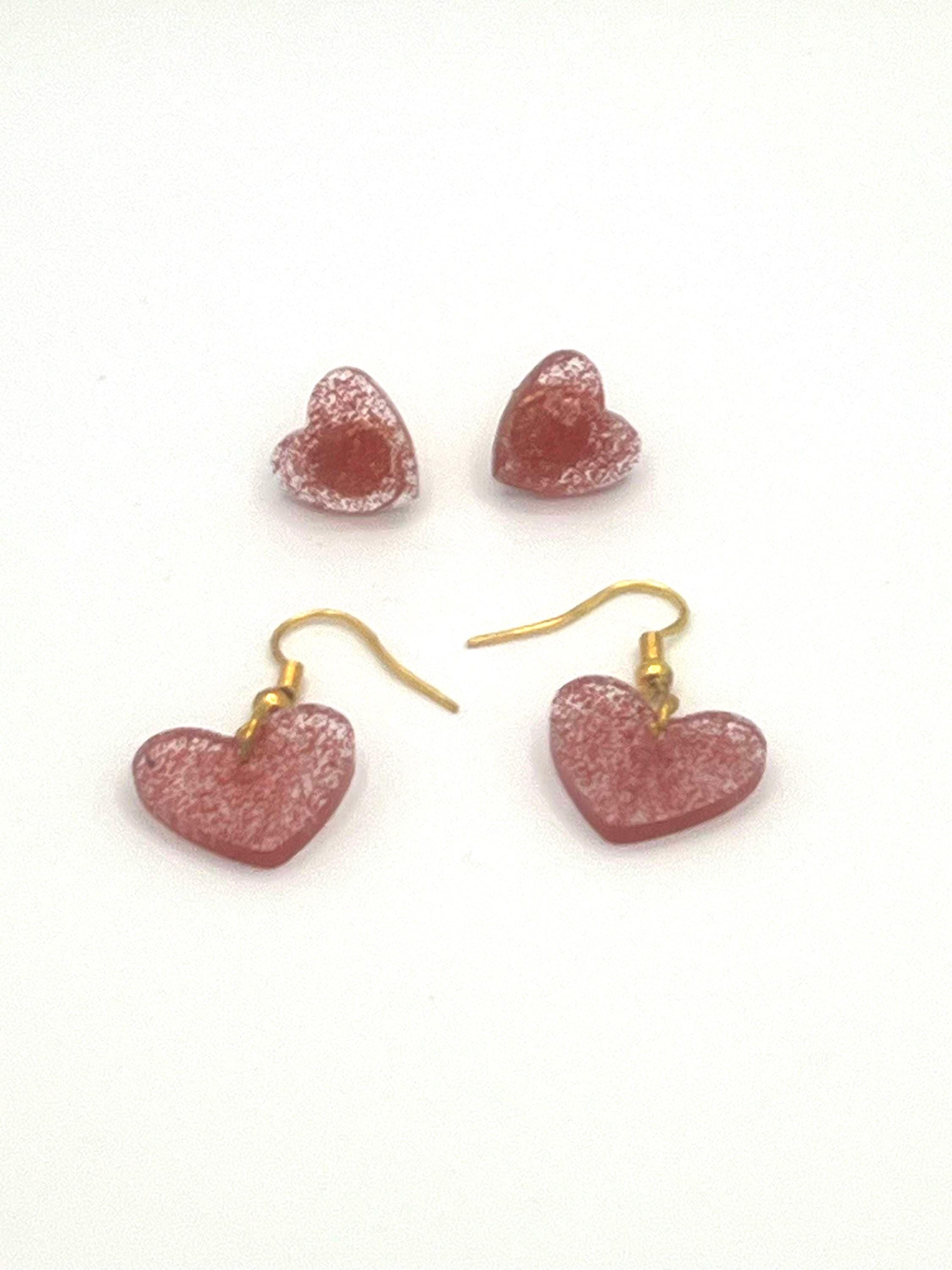 Handmade Red Shimmer Heart Earrings Set: Stud & Dangle, 2 Pairs