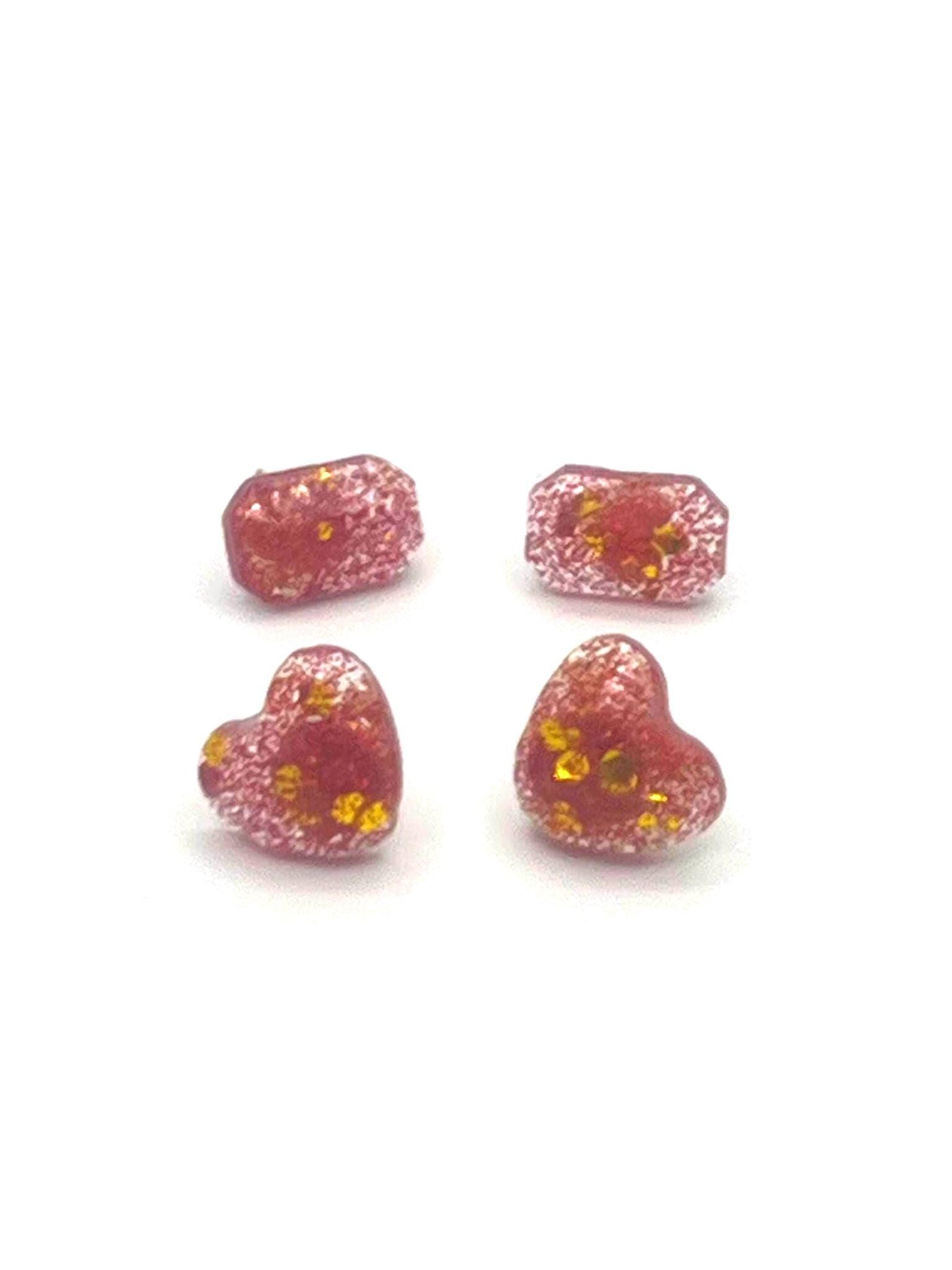 Handmade Red and Gold Glitter Stud Earrings Set - Sparkly Jewelry