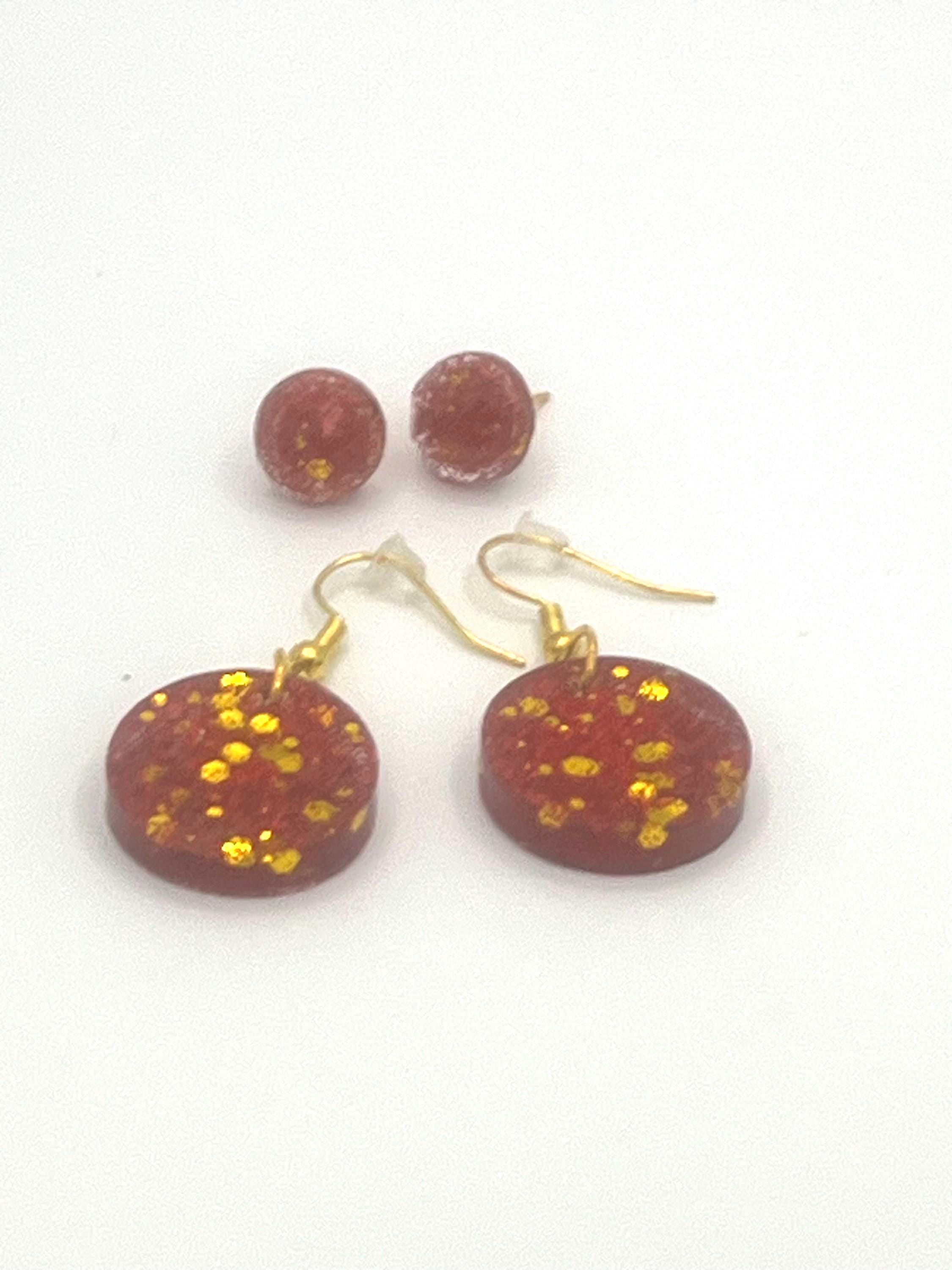 Sparkly Red and Gold Earrings Set: Handmade Stud & Dangle Earrings