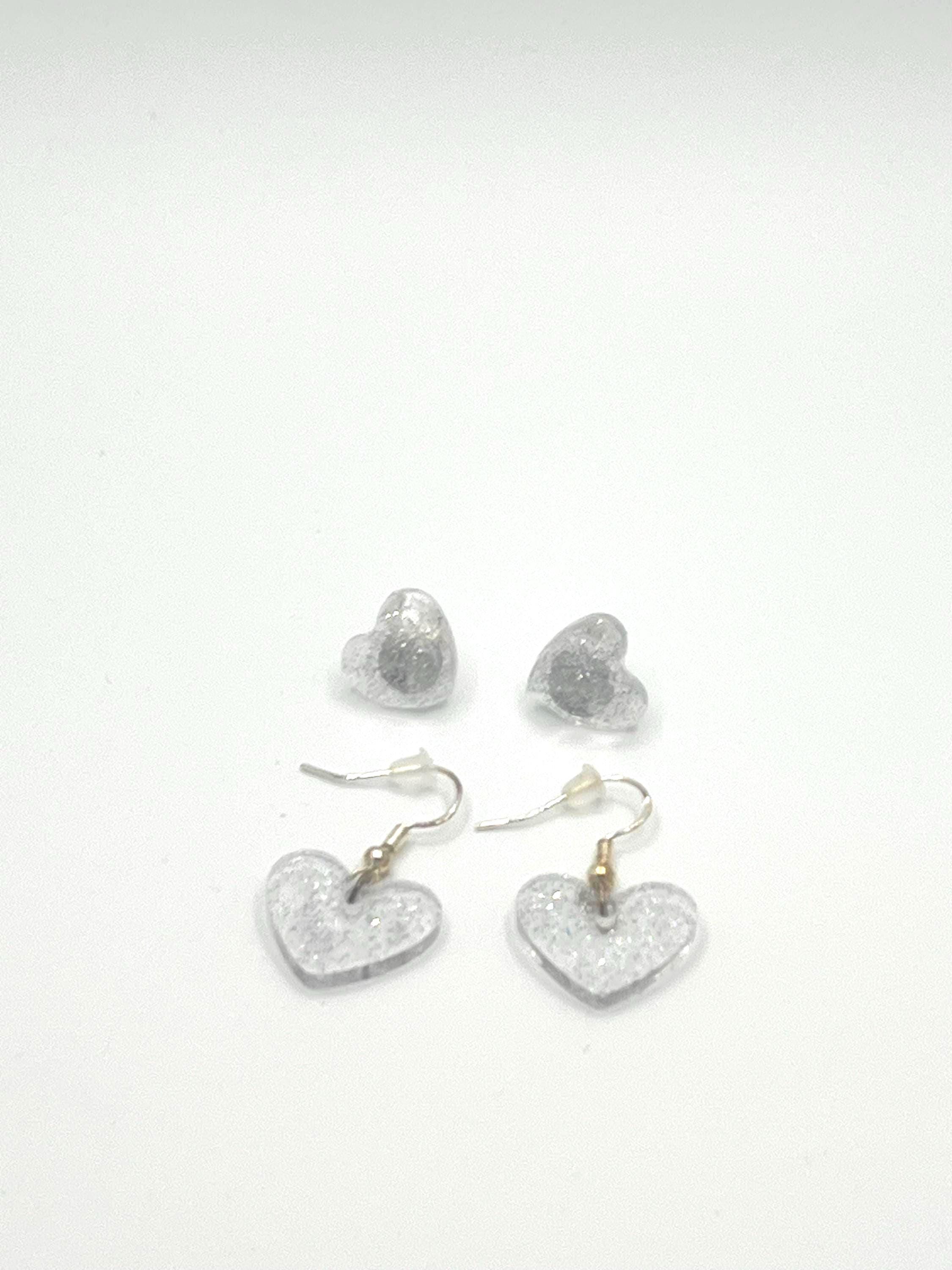 Iridescent Heart Earrings Set: Handmade Sparkle Studs & Dangles