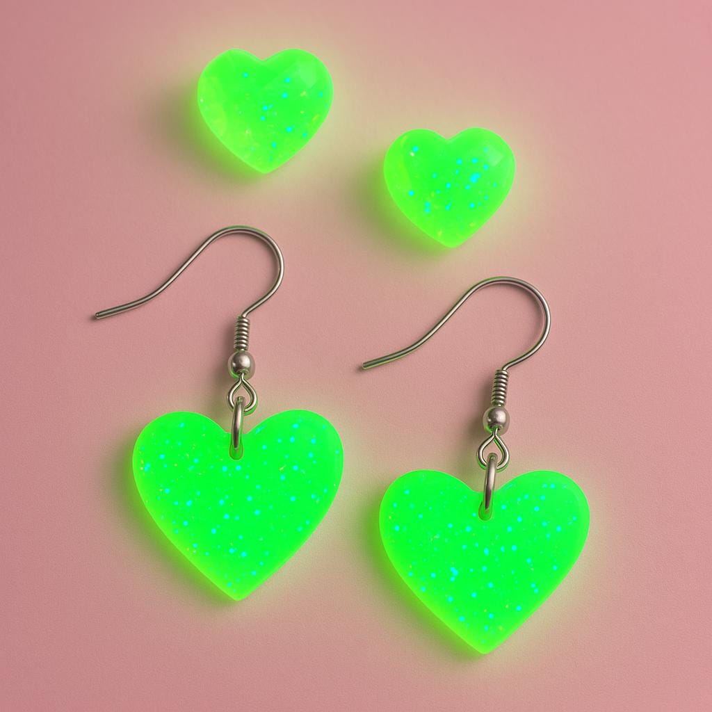 Handmade Yellow Glow-in-the-Dark Heart Earrings Set: Stud & Dangle