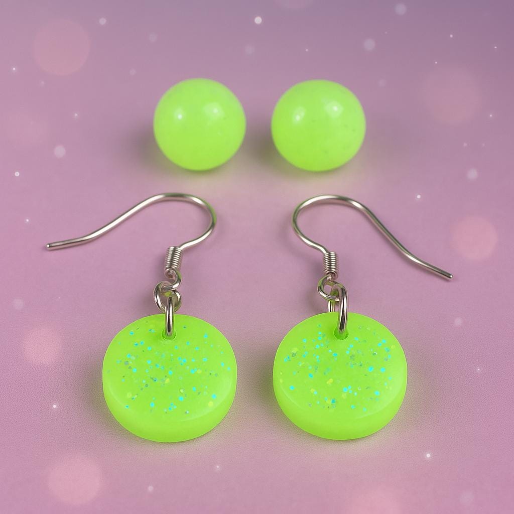 Glow-in-the-Dark Earrings Set: Yellow Stud & Dangle Earrings