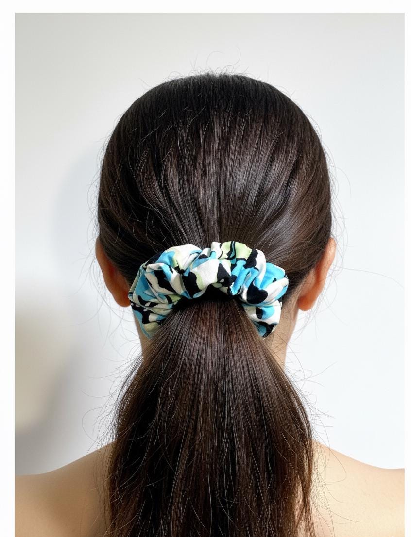 White Blue & Black Abstract Print Scrunchie: Hair Tie