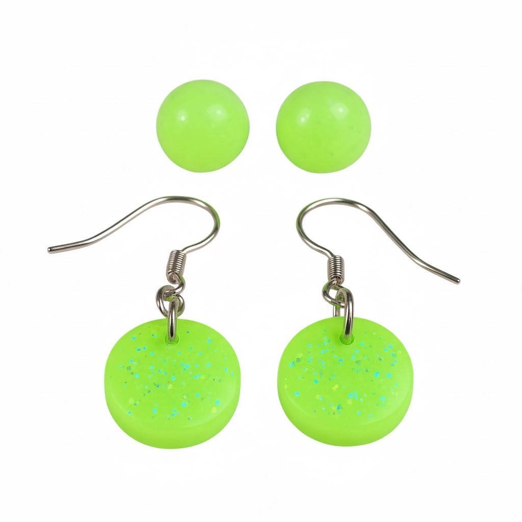 Glow-in-the-Dark Earrings Set: Yellow Stud & Dangle Earrings
